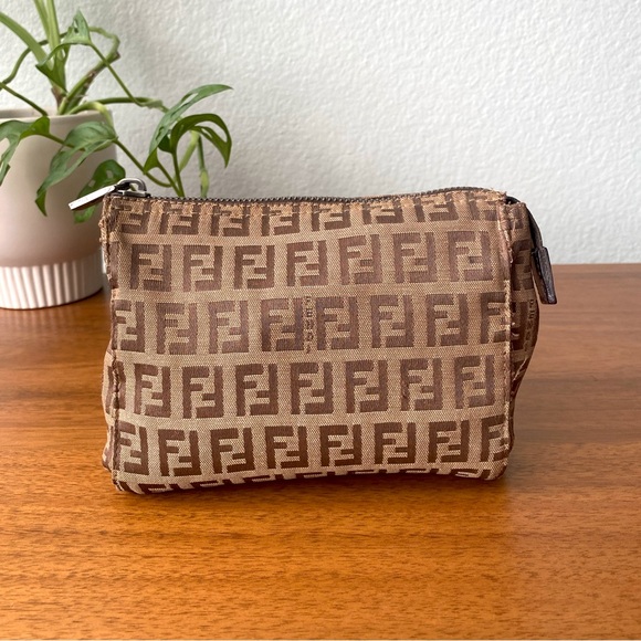 Fendi Handbags - FENDI Zucchino Canvas Pouch Pouchette Brown & Tan Vanity Bag Makeup Travel Case